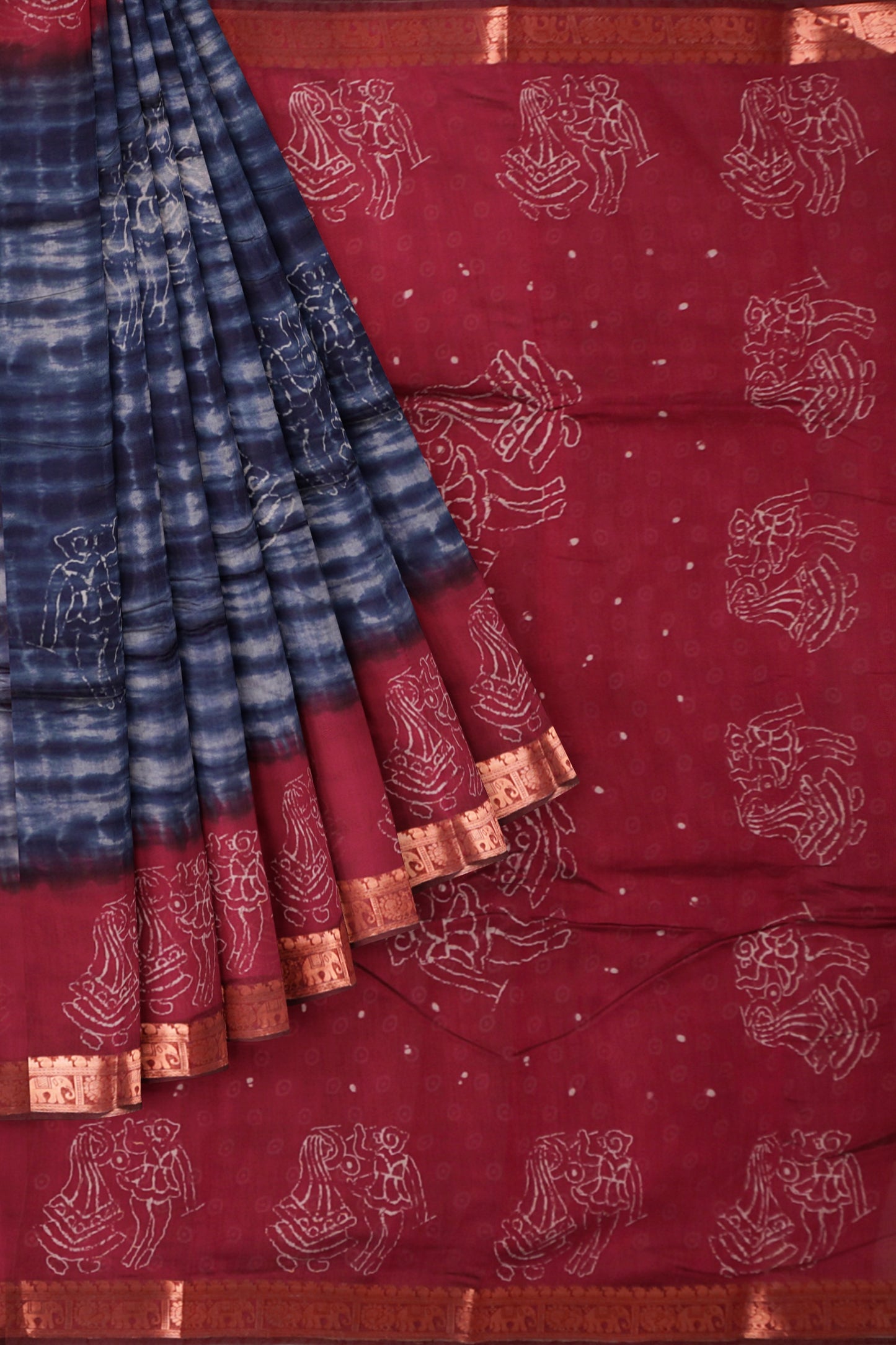Blue Shibori Style Printed Cotton Zari Border Saree