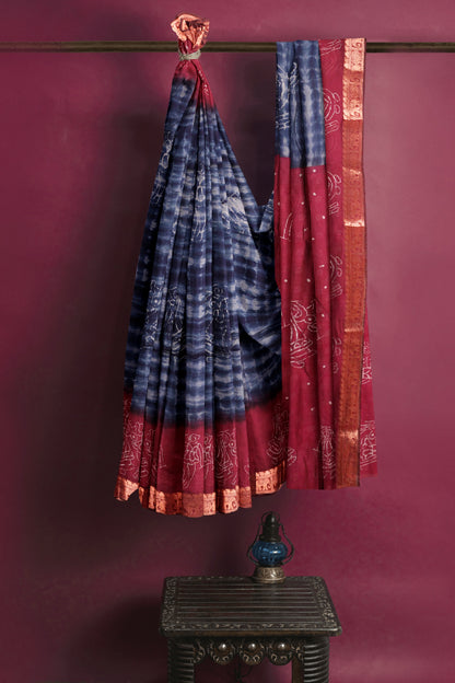 Blue Shibori Style Printed Cotton Zari Border Saree