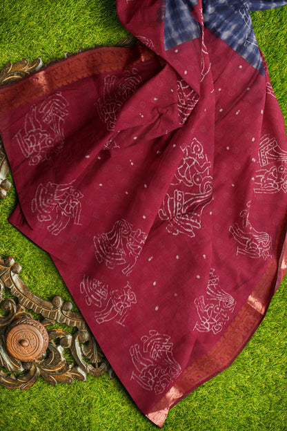 Blue Shibori Style Printed Cotton Zari Border Saree