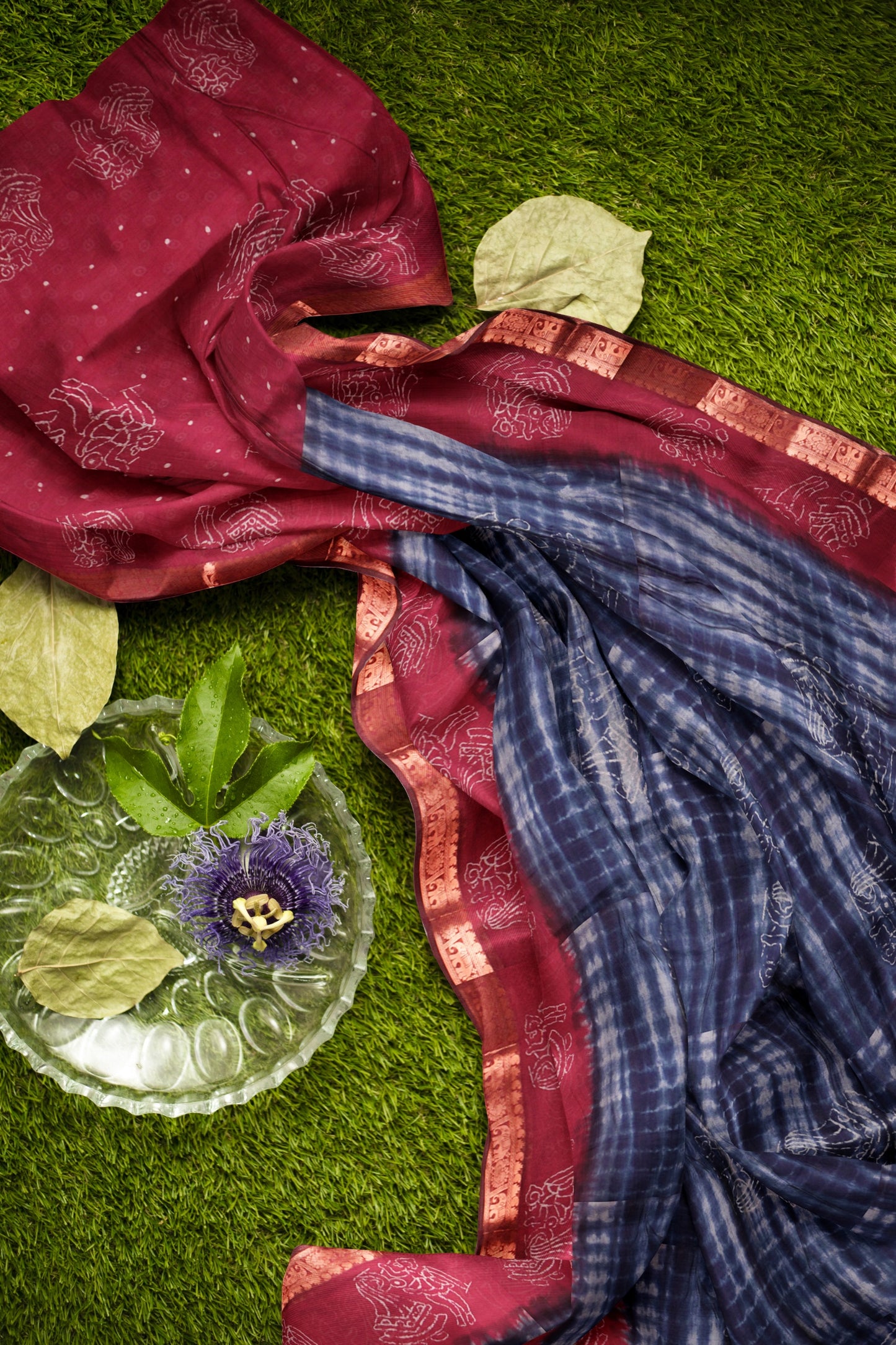 Blue Shibori Style Printed Cotton Zari Border Saree