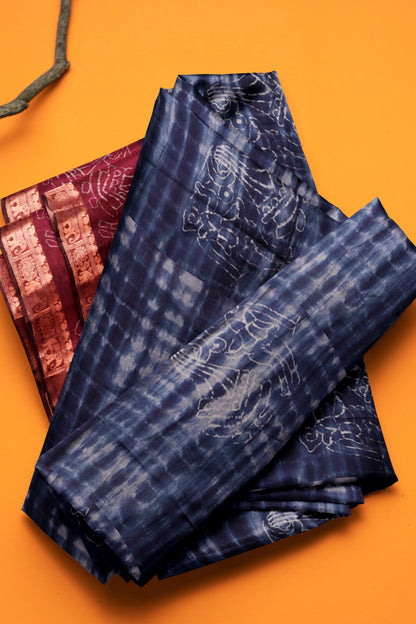 Blue Shibori Style Printed Cotton Zari Border Saree
