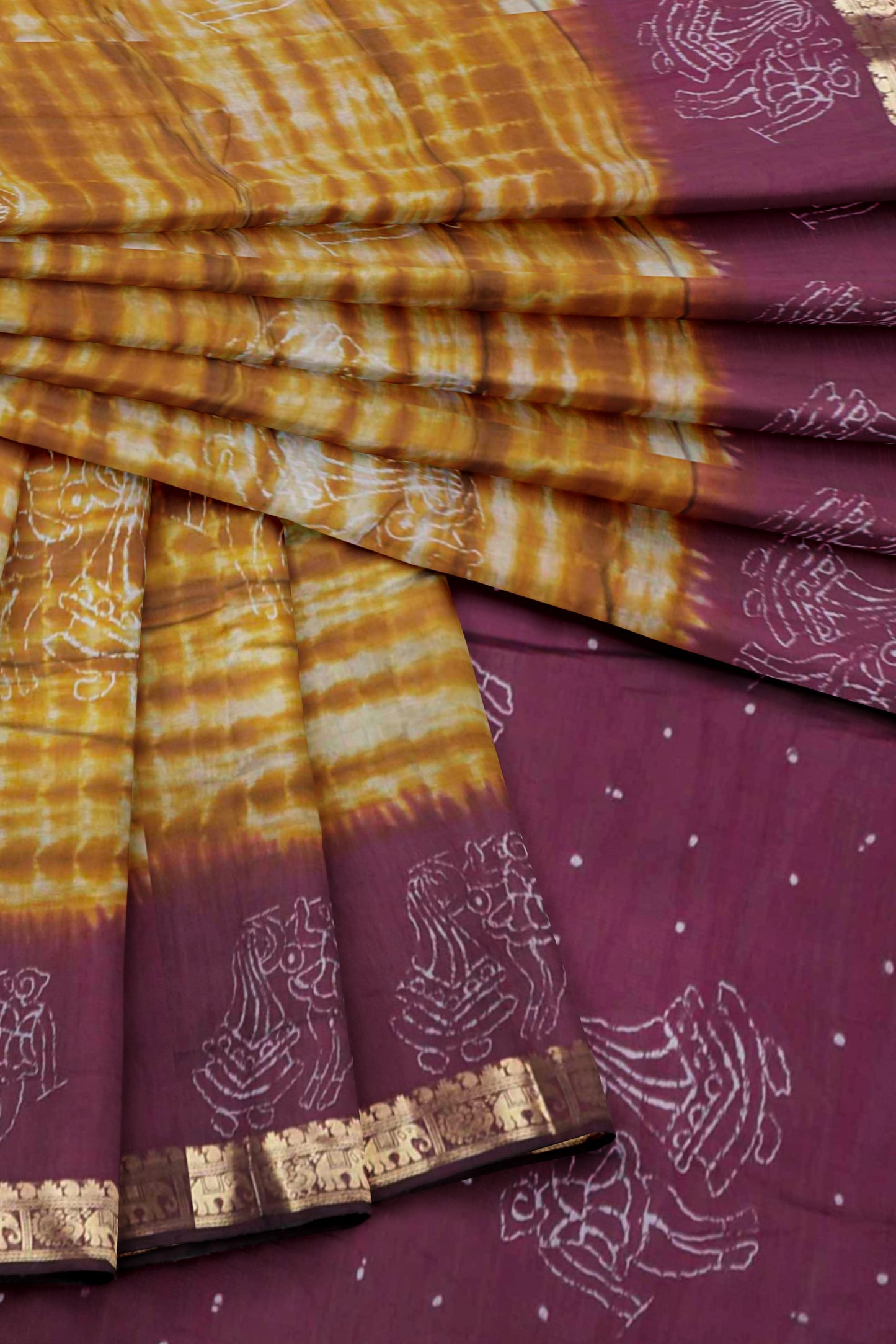 Mustard Yellow  Shibori Style Printed Cotton Zari Border Saree