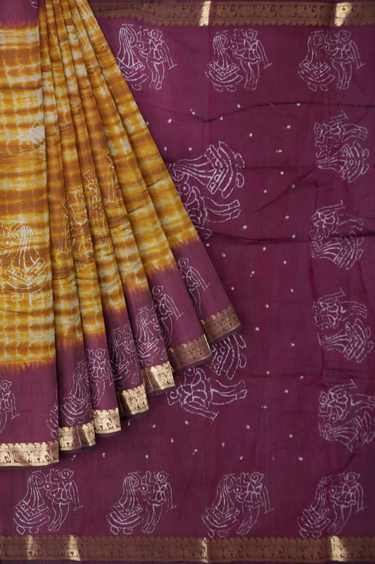 Mustard Yellow  Shibori Style Printed Cotton Zari Border Saree