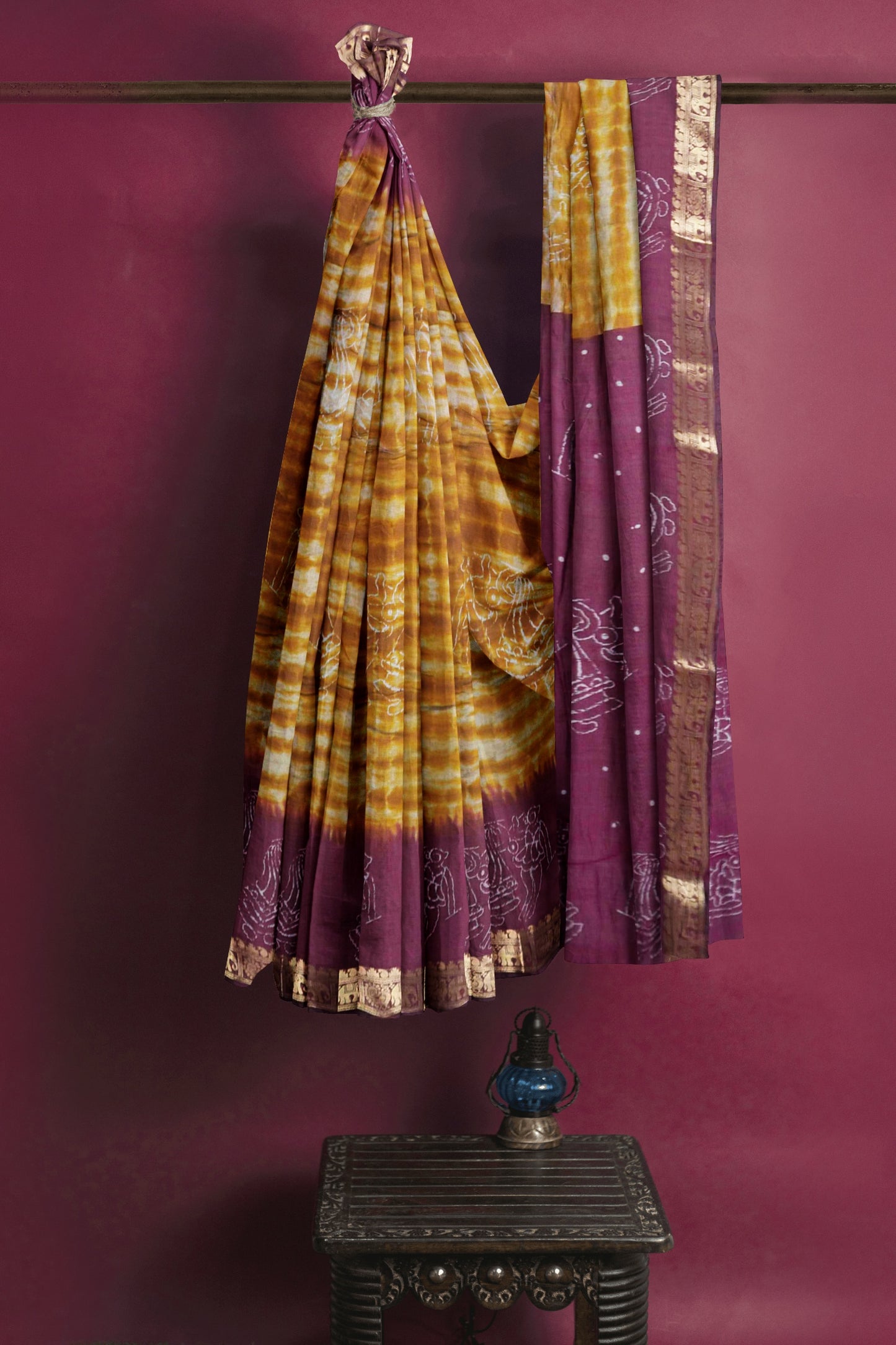 Mustard Yellow  Shibori Style Printed Cotton Zari Border Saree