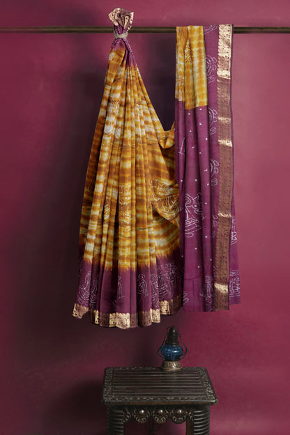 Mustard Yellow  Shibori Style Printed Cotton Zari Border Saree