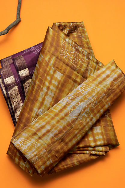 Mustard Yellow  Shibori Style Printed Cotton Zari Border Saree