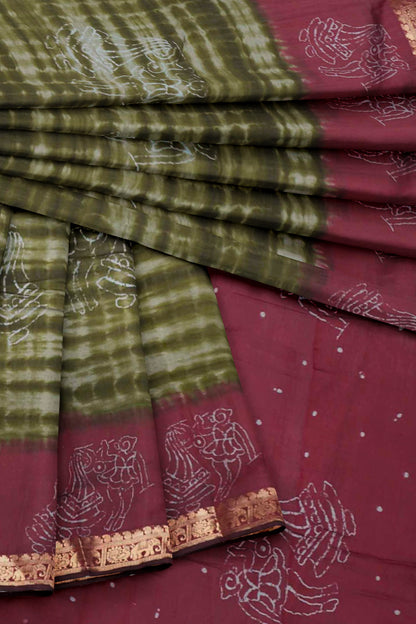 Olive Green Shibori Style Printed Cotton Zari Border Saree
