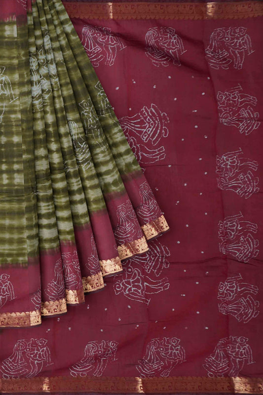 Olive Green Shibori Style Printed Cotton Zari Border Saree