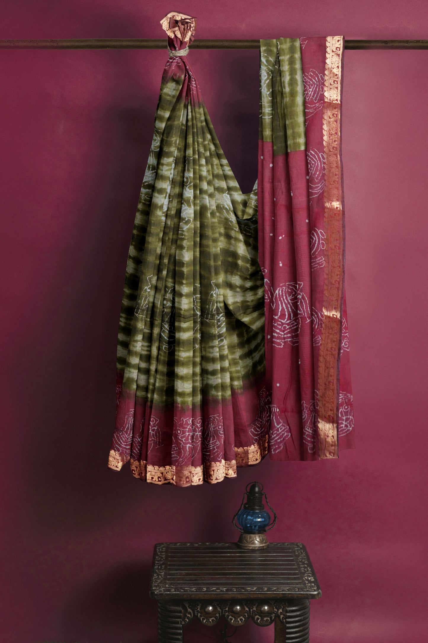 Olive Green Shibori Style Printed Cotton Zari Border Saree