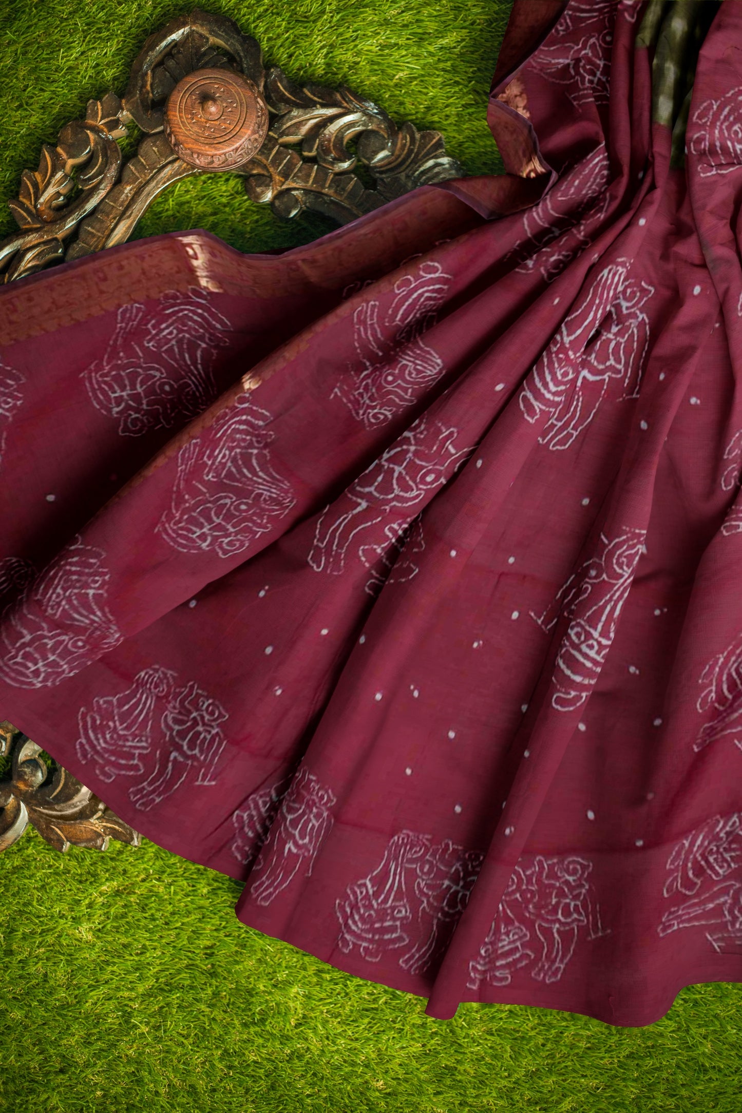 Olive Green Shibori Style Printed Cotton Zari Border Saree