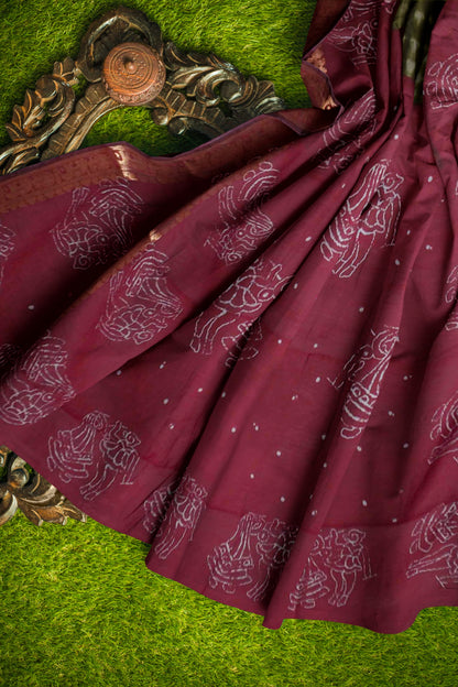 Olive Green Shibori Style Printed Cotton Zari Border Saree