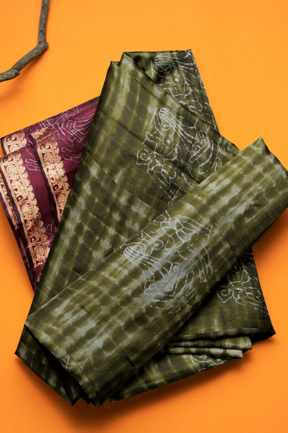 Olive Green Shibori Style Printed Cotton Zari Border Saree