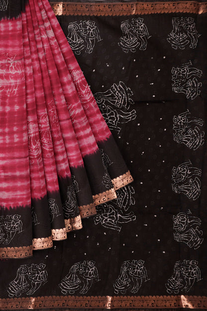 Maroon Shibori Style Printed Cotton Zari Border Saree