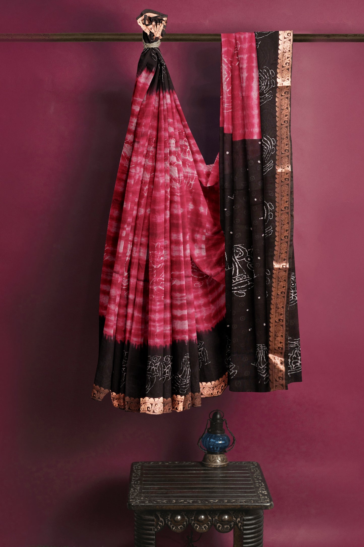 Maroon Shibori Style Printed Cotton Zari Border Saree
