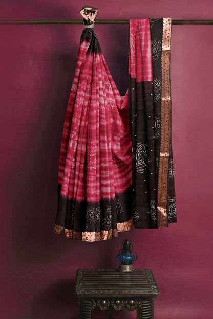 Maroon Shibori Style Printed Cotton Zari Border Saree