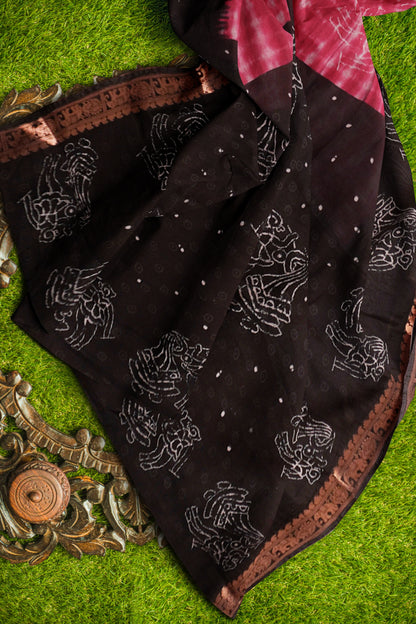 Maroon Shibori Style Printed Cotton Zari Border Saree