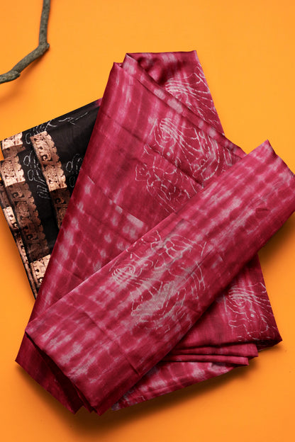 Maroon Shibori Style Printed Cotton Zari Border Saree