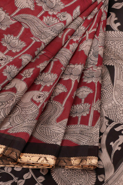 Maroon  Floral Lotus Printed Cotton Zari Border Saree