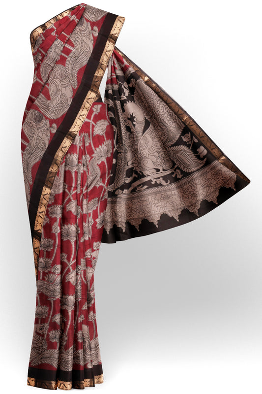 Maroon  Floral Lotus Printed Cotton Zari Border Saree