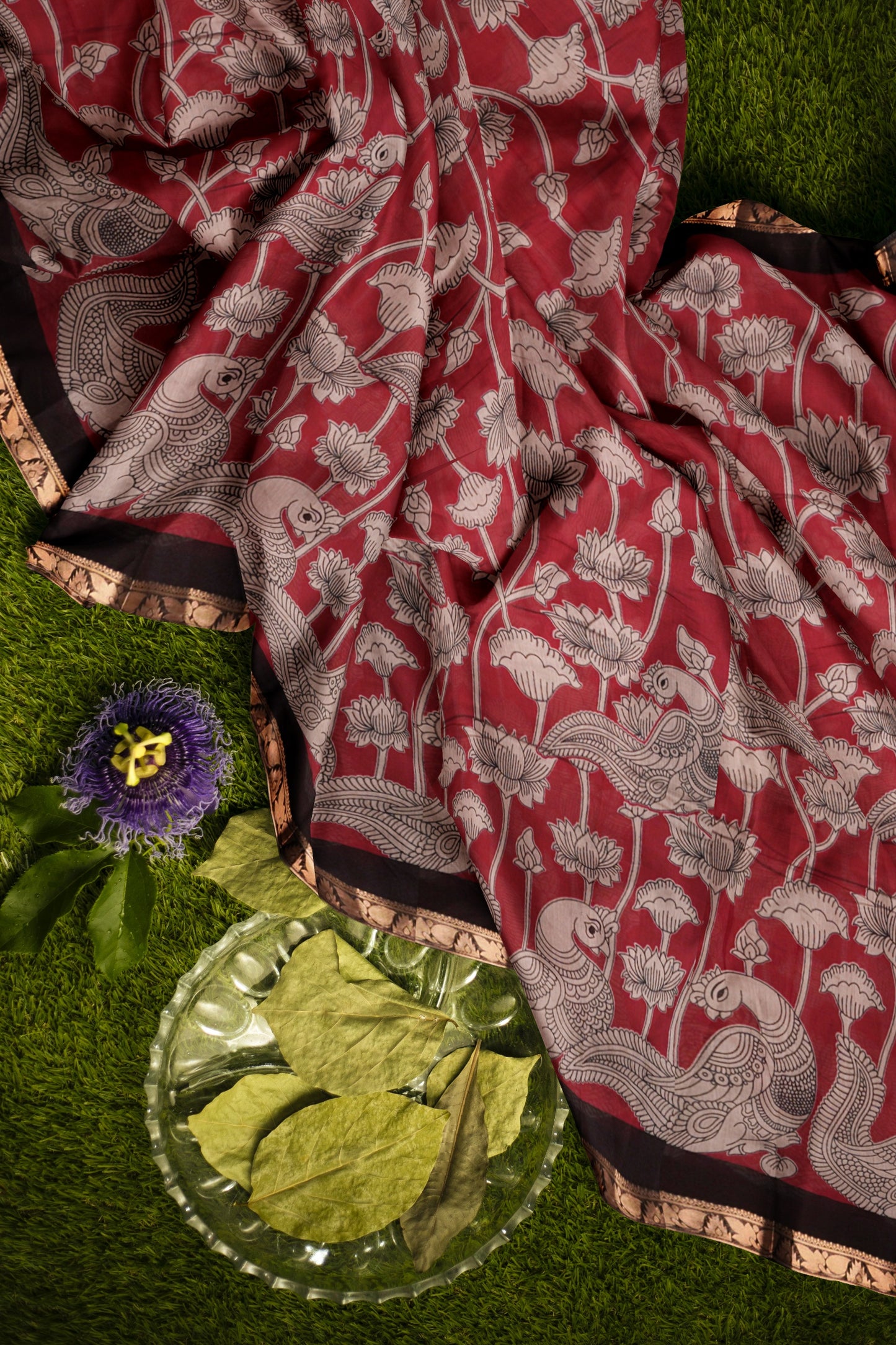 Maroon  Floral Lotus Printed Cotton Zari Border Saree