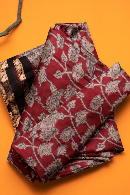 Maroon  Floral Lotus Printed Cotton Zari Border Saree