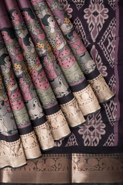Violet Epic Tales Printed Cotton Zari Border Ikat Style Pallu Saree
