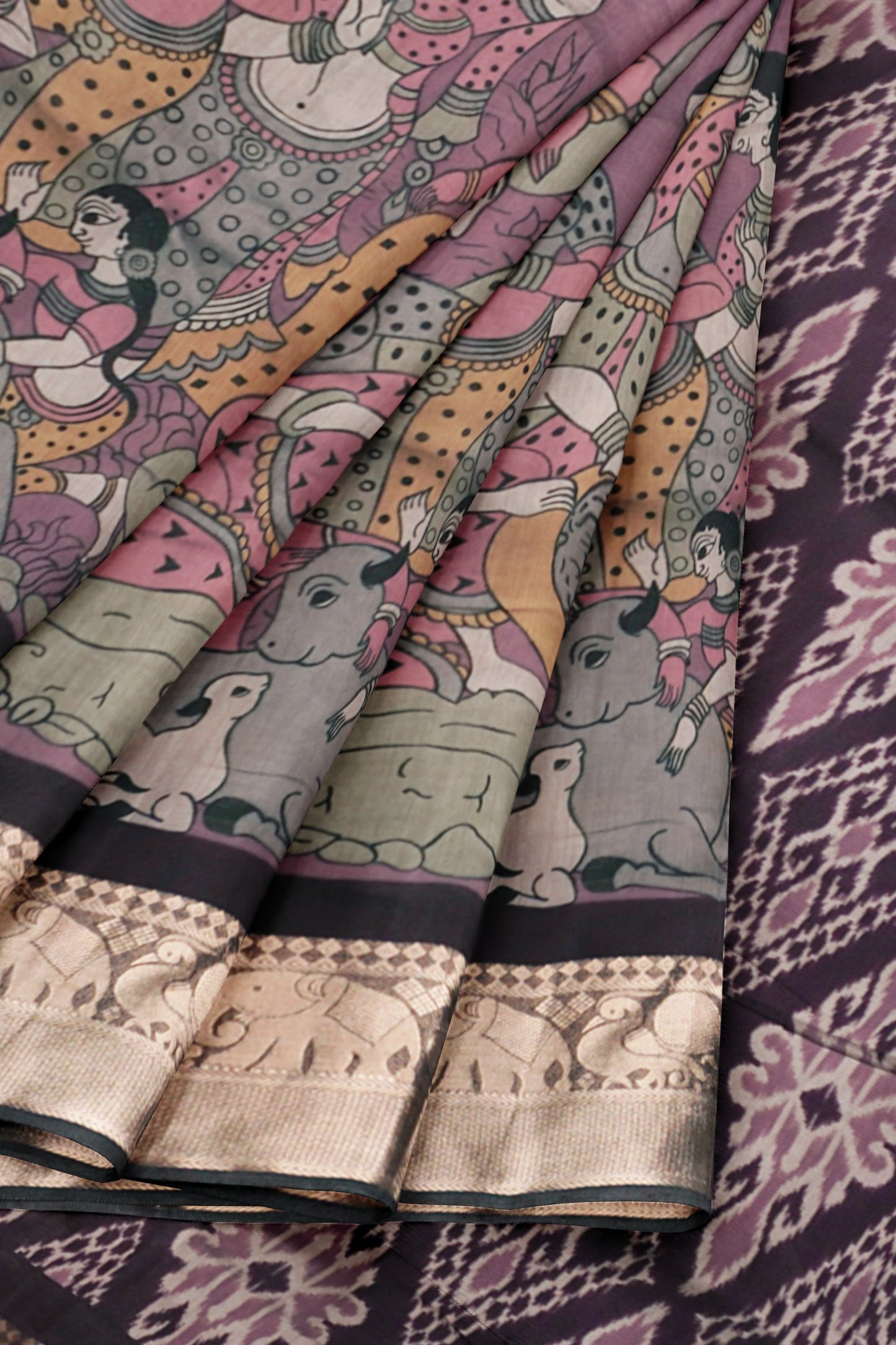 Violet Epic Tales Printed Cotton Zari Border Ikat Style Pallu Saree