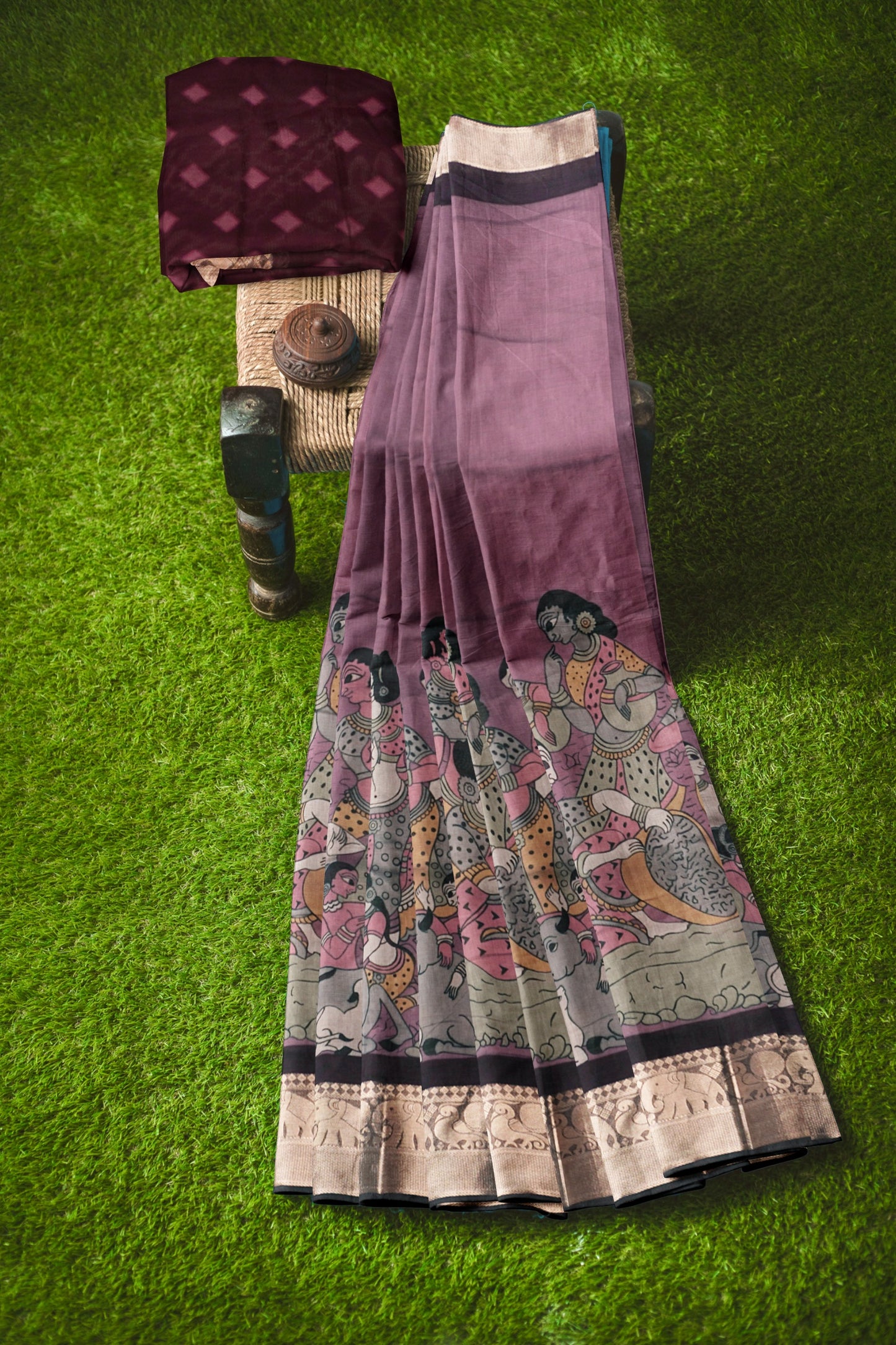 Violet Epic Tales Printed Cotton Zari Border Ikat Style Pallu Saree