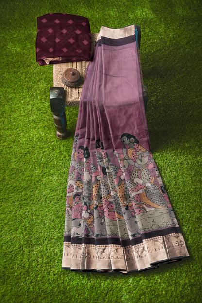 Violet Epic Tales Printed Cotton Zari Border Ikat Style Pallu Saree