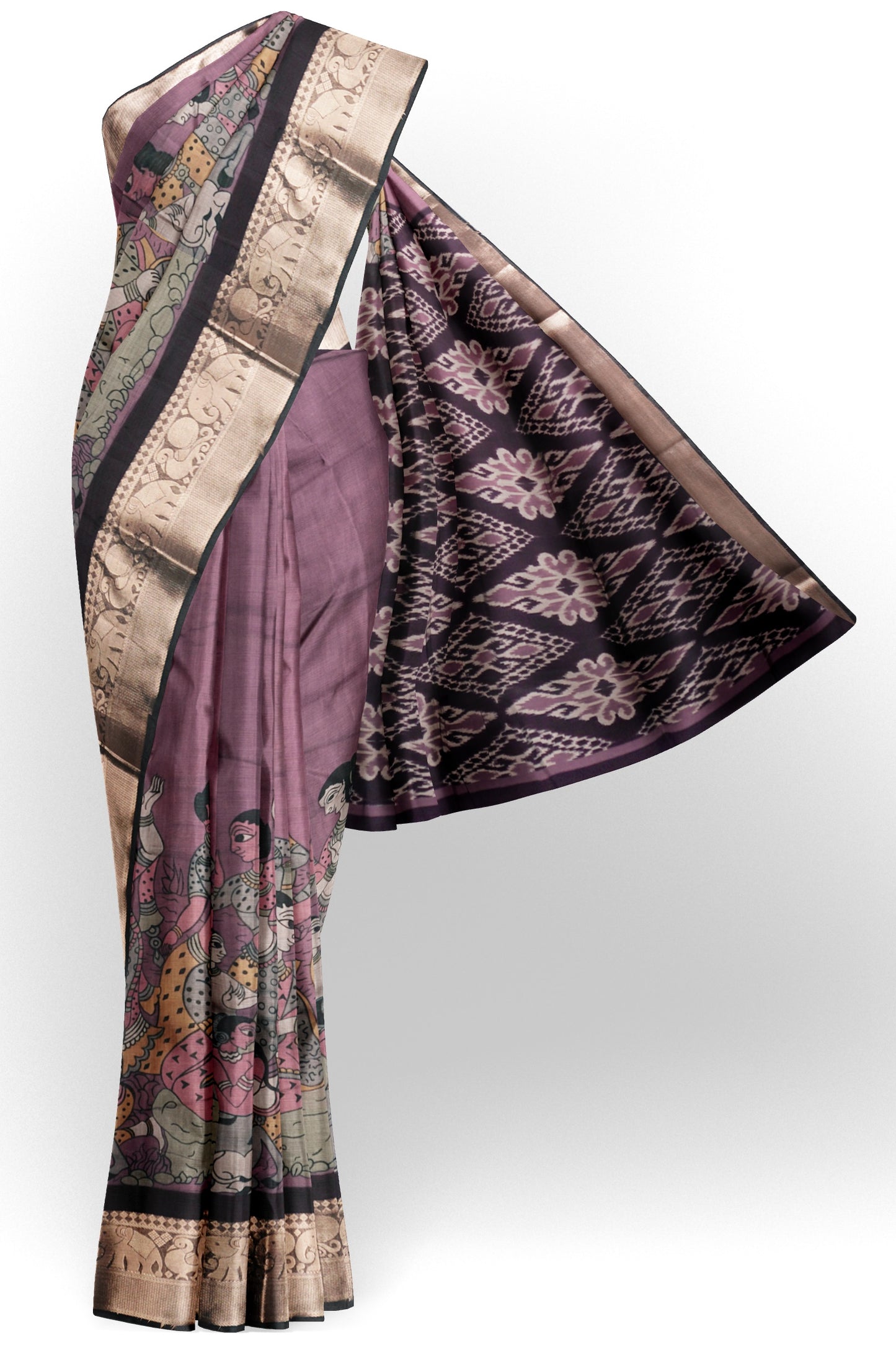 Violet Epic Tales Printed Cotton Zari Border Ikat Style Pallu Saree