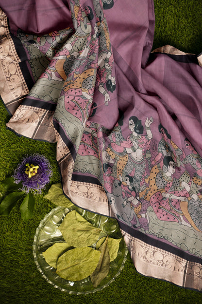 Violet Epic Tales Printed Cotton Zari Border Ikat Style Pallu Saree