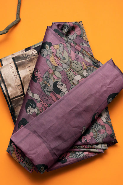 Violet Epic Tales Printed Cotton Zari Border Ikat Style Pallu Saree