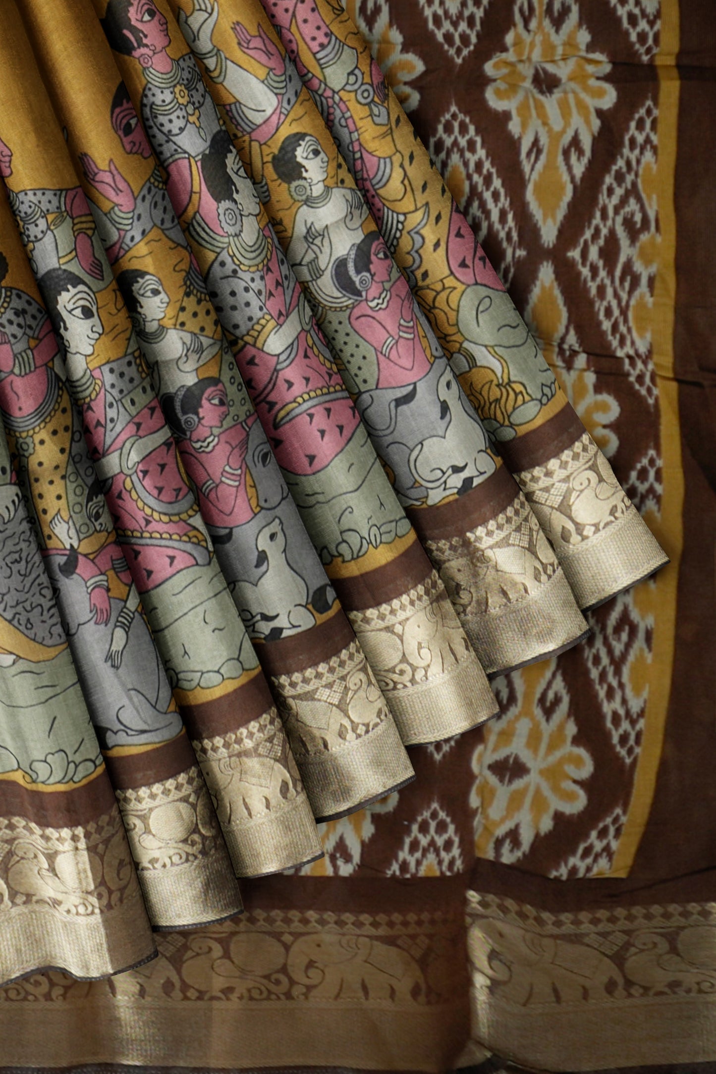 Mustard Yellow Epic Tales Printed Cotton Zari Border Saree