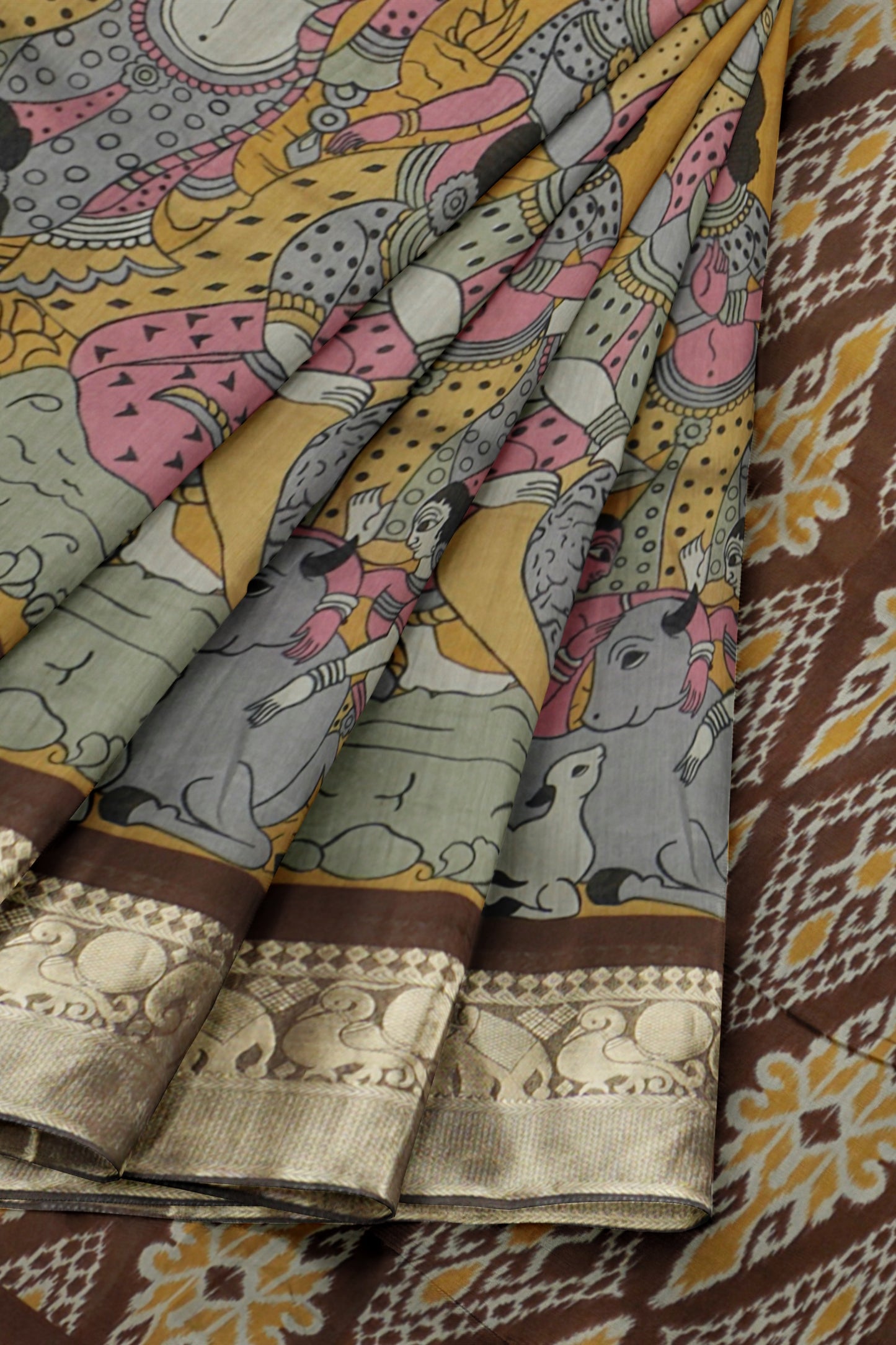 Mustard Yellow Epic Tales Printed Cotton Zari Border Saree