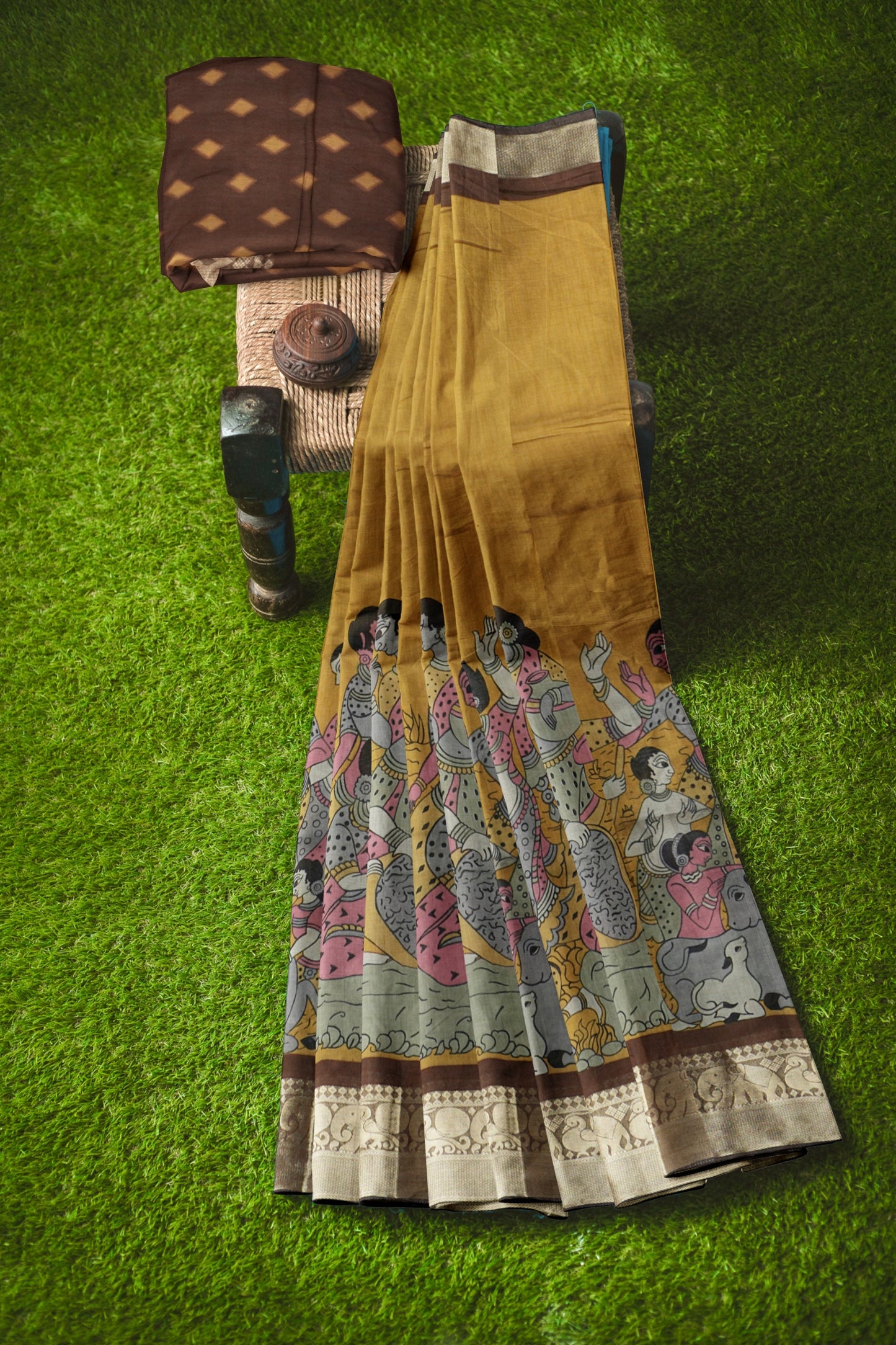 Mustard Yellow Epic Tales Printed Cotton Zari Border Saree