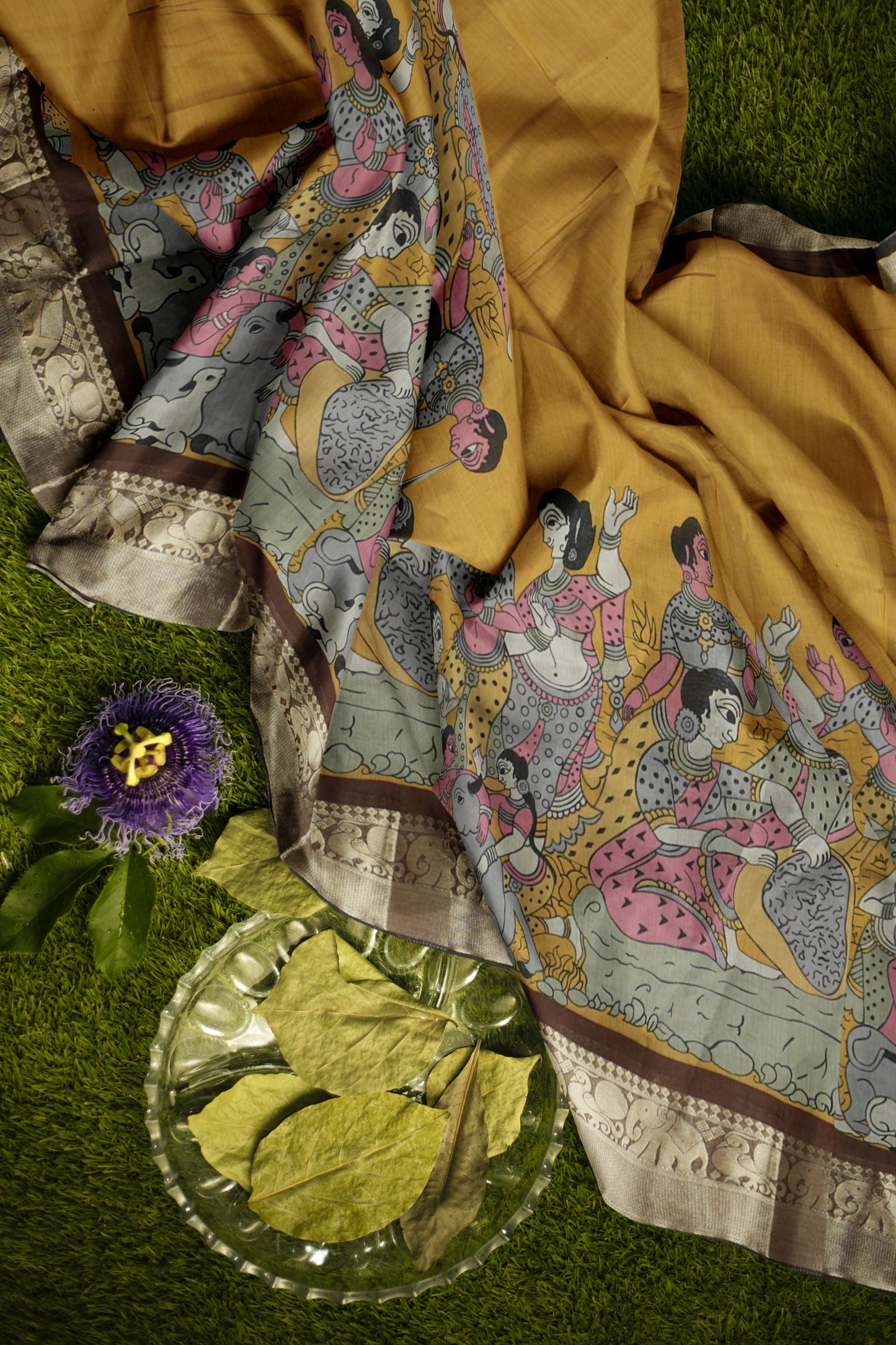 Mustard Yellow Epic Tales Printed Cotton Zari Border Saree