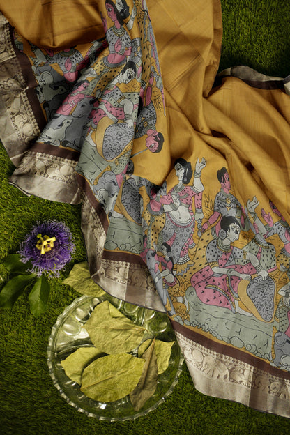 Mustard Yellow Epic Tales Printed Cotton Zari Border Saree