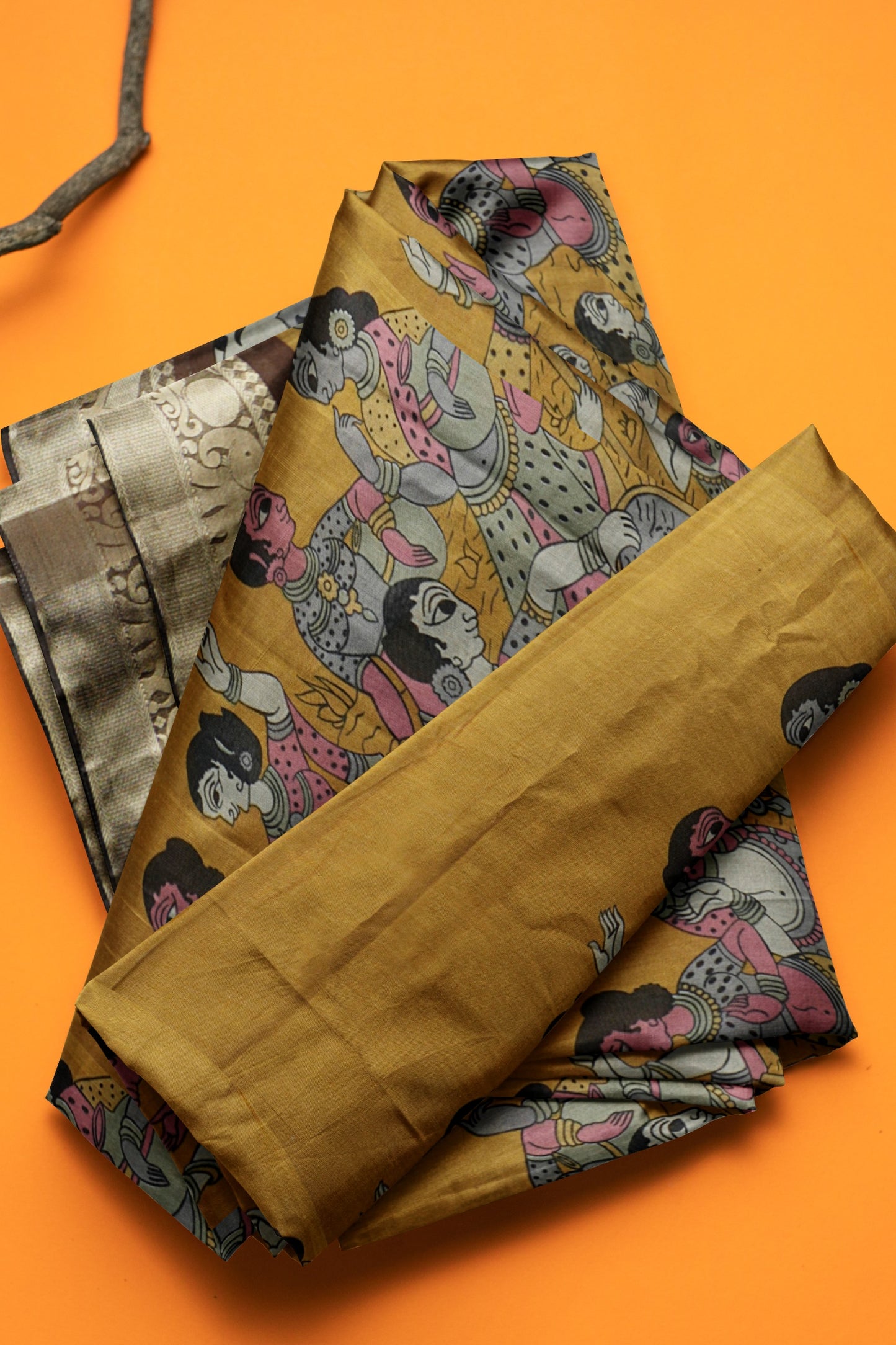 Mustard Yellow Epic Tales Printed Cotton Zari Border Saree