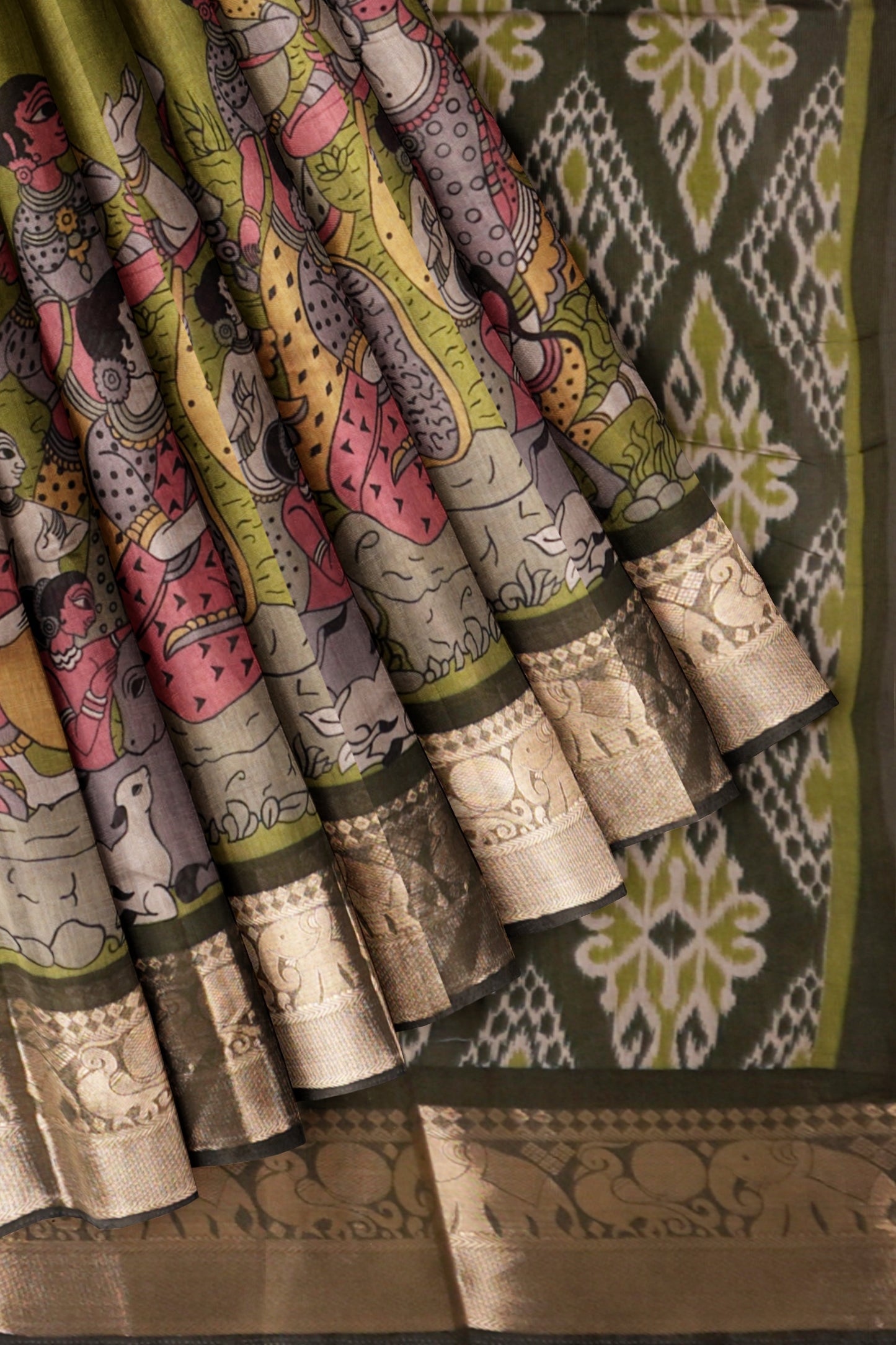 Olive Green Epic Tales Printed Cotton Zari Border Saree