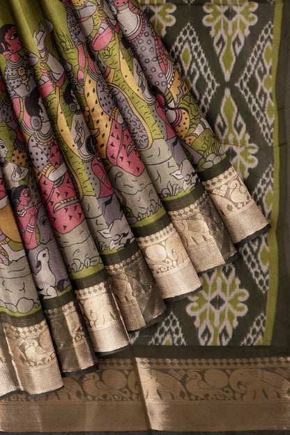 Olive Green Epic Tales Printed Cotton Zari Border Saree
