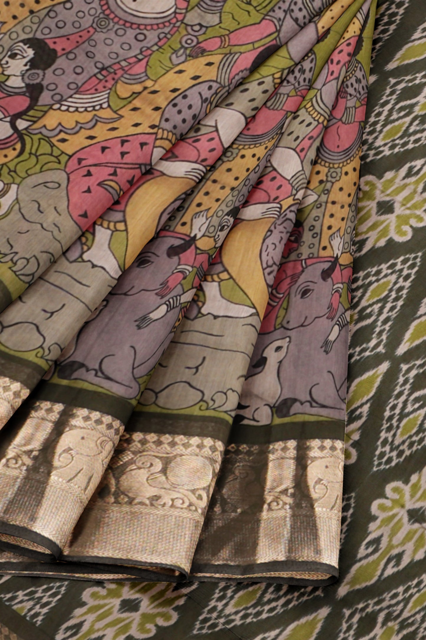 Olive Green Epic Tales Printed Cotton Zari Border Saree