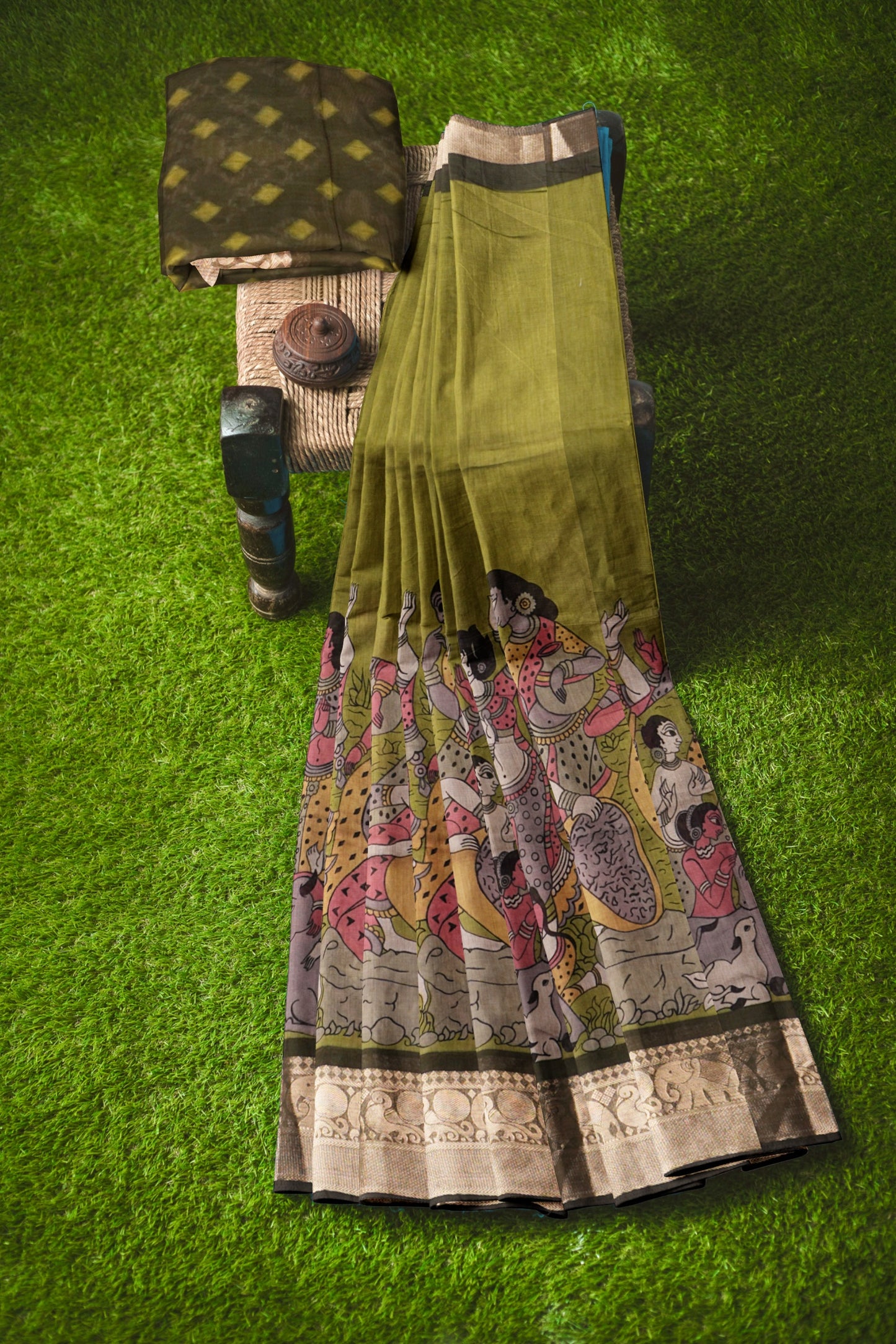 Olive Green Epic Tales Printed Cotton Zari Border Saree