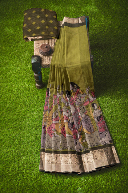 Olive Green Epic Tales Printed Cotton Zari Border Saree