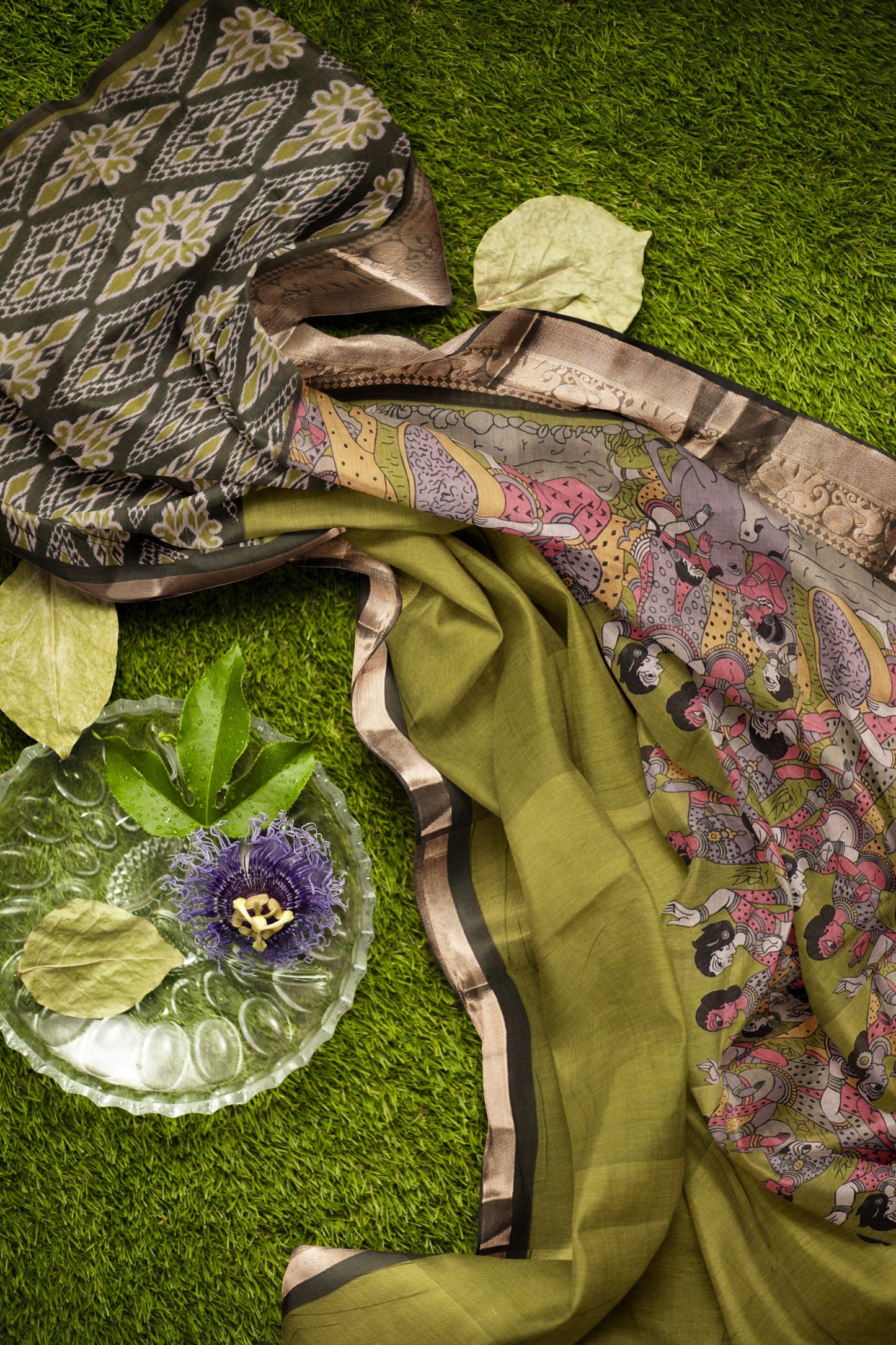 Olive Green Epic Tales Printed Cotton Zari Border Saree