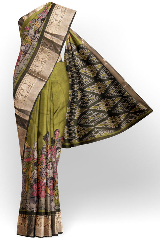Olive Green Epic Tales Printed Cotton Zari Border Saree