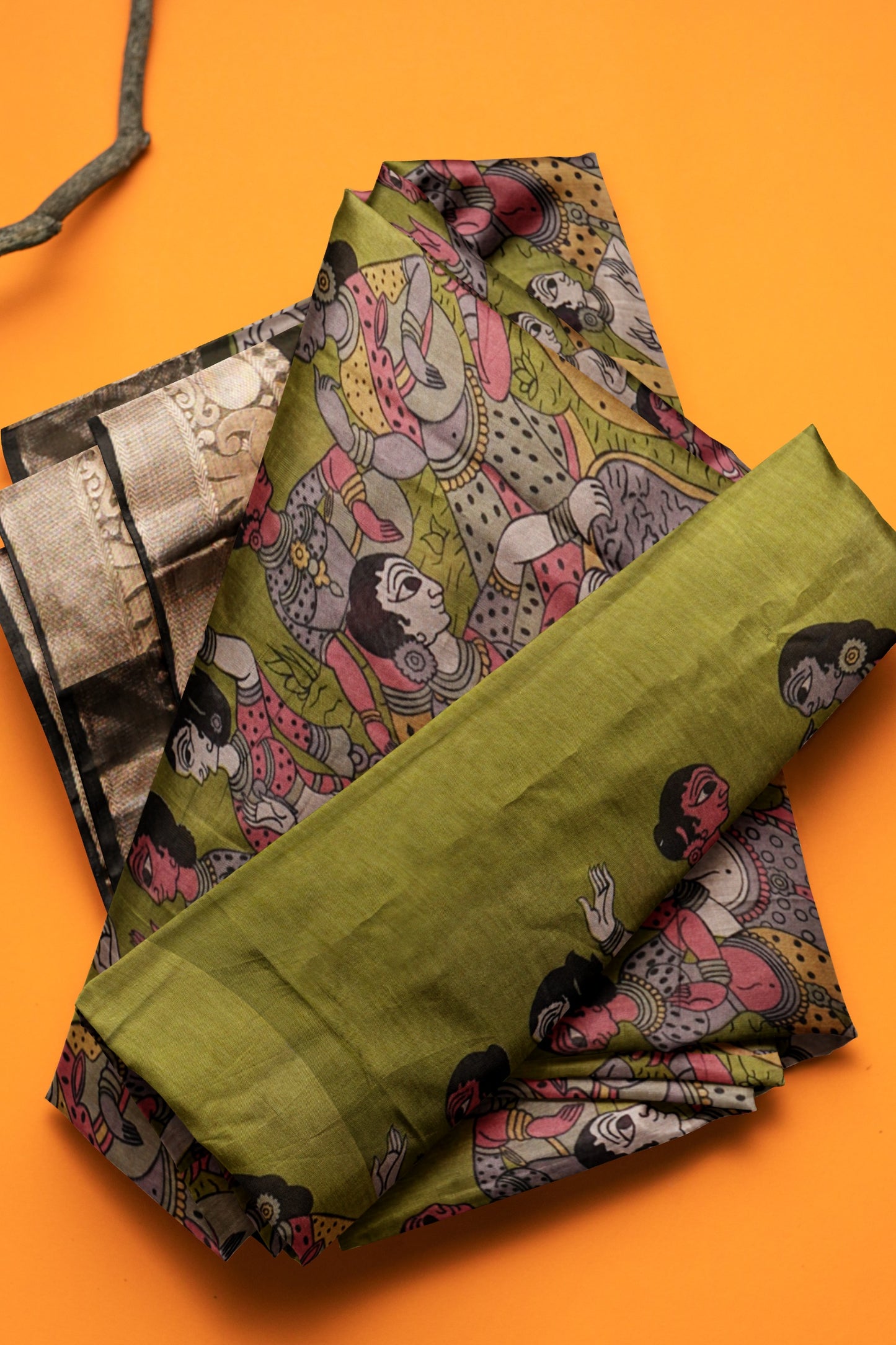 Olive Green Epic Tales Printed Cotton Zari Border Saree