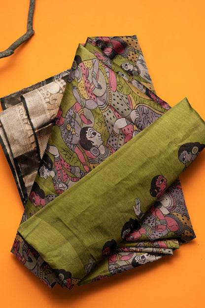 Olive Green Epic Tales Printed Cotton Zari Border Saree