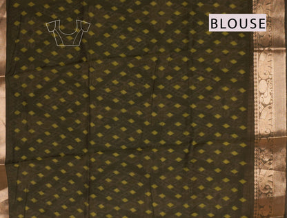 Olive Green Epic Tales Printed Cotton Zari Border Saree