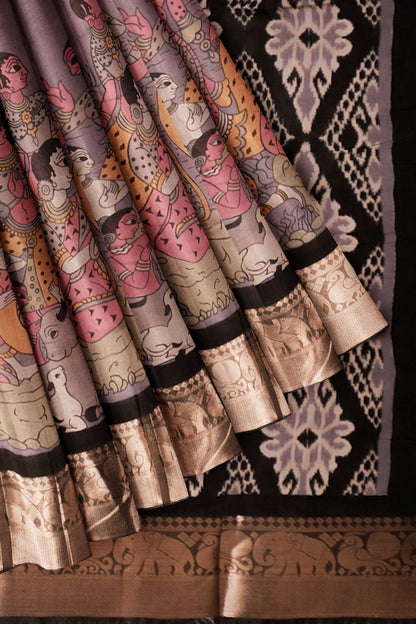 Light Violet Epic Tales Printed Cotton Zari Border Ikat Style Pallu Saree