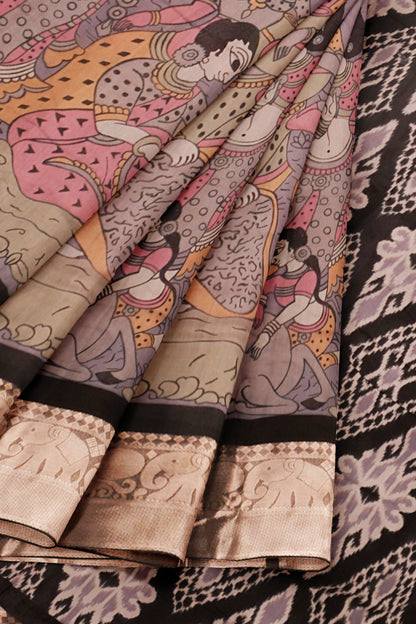 Light Violet Epic Tales Printed Cotton Zari Border Ikat Style Pallu Saree